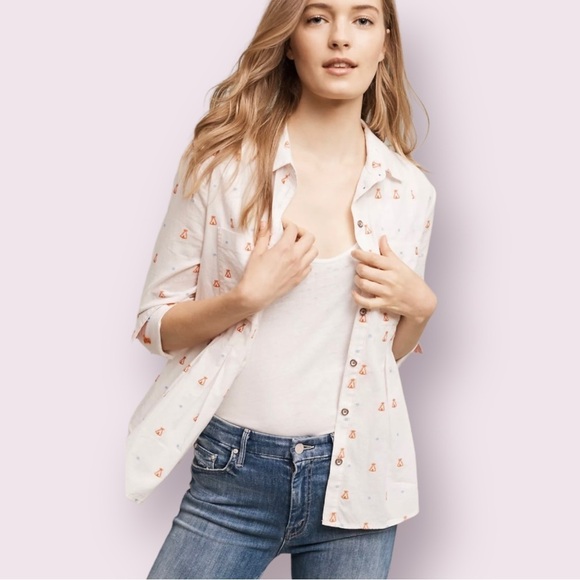 Maeve Anthropologie Miette Tee Pee Print Button Down Shirt Women's Size 2 - Picture 1 of 12